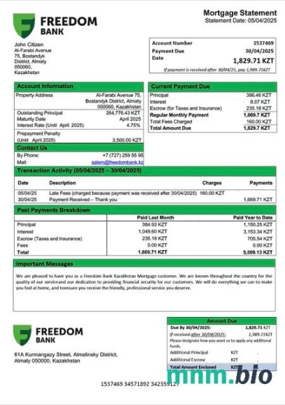 Kazachstan Bank Freedom wyciąg z kredytu hipotecznego szablon Word i PDF